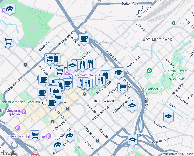 map of restaurants, bars, coffee shops, grocery stores, and more near 229 East 8th Street in Charlotte