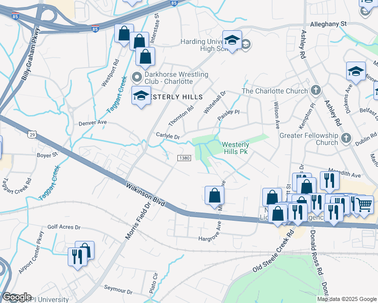 map of restaurants, bars, coffee shops, grocery stores, and more near 3613 Morris Field Drive in Charlotte