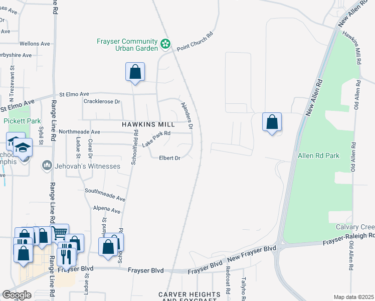 map of restaurants, bars, coffee shops, grocery stores, and more near 2989 Elbert Drive in Memphis