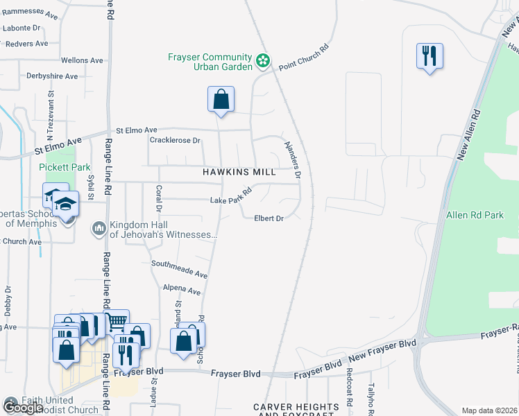 map of restaurants, bars, coffee shops, grocery stores, and more near 2948 Elbert Drive in Memphis