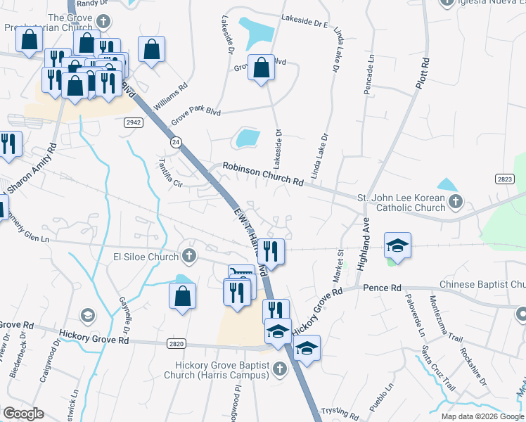 map of restaurants, bars, coffee shops, grocery stores, and more near 6212 Windsor Gate Lane in Charlotte