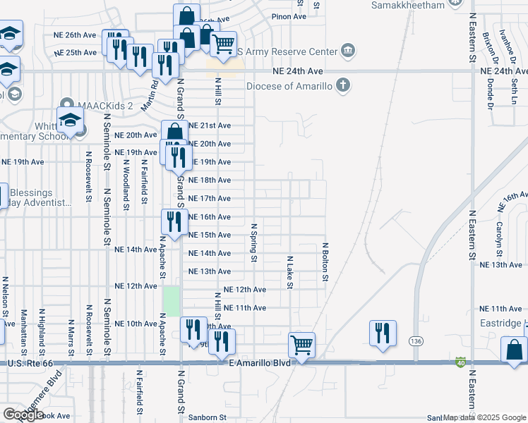 map of restaurants, bars, coffee shops, grocery stores, and more near 4016 Northeast 16th Avenue in Amarillo