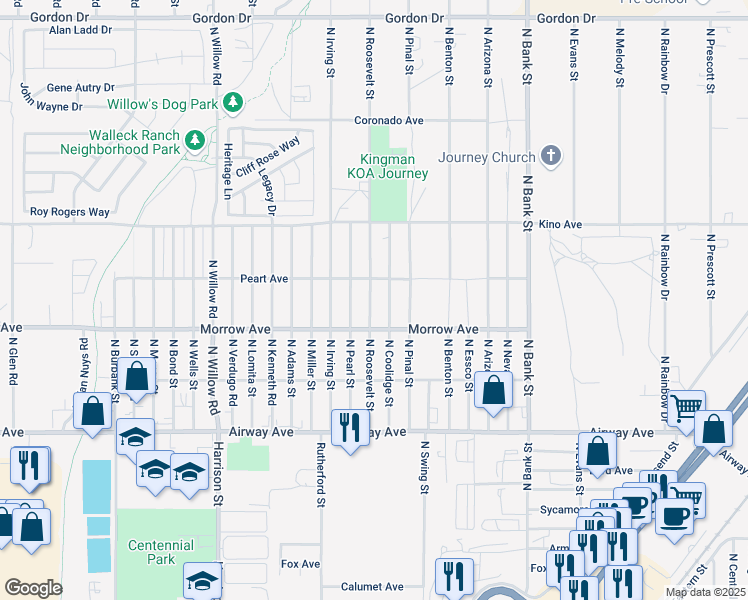 map of restaurants, bars, coffee shops, grocery stores, and more near 3660 North Roosevelt Street in Kingman