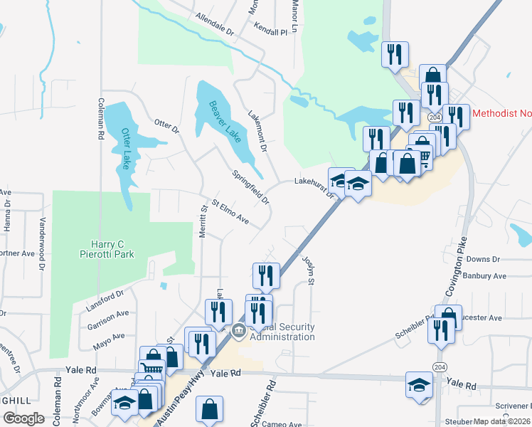 map of restaurants, bars, coffee shops, grocery stores, and more near 3803 Springfield Drive in Memphis