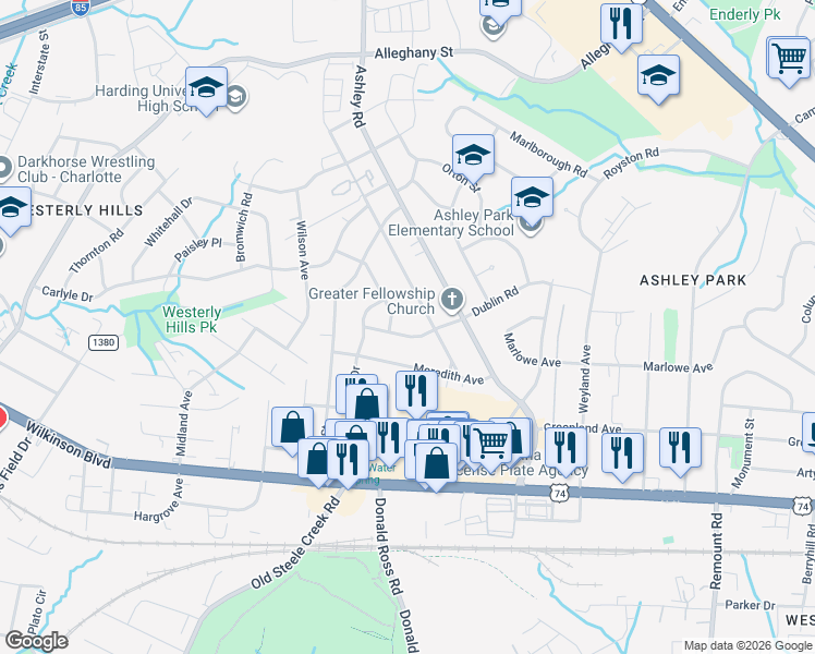 map of restaurants, bars, coffee shops, grocery stores, and more near 3415 Dublin Road in Charlotte