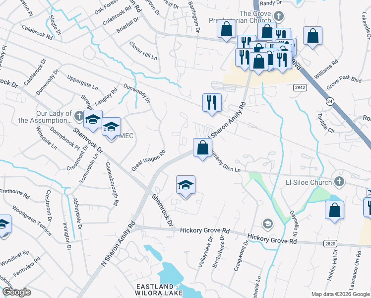 map of restaurants, bars, coffee shops, grocery stores, and more near 4716 Kimmerly Glen Lane in Charlotte