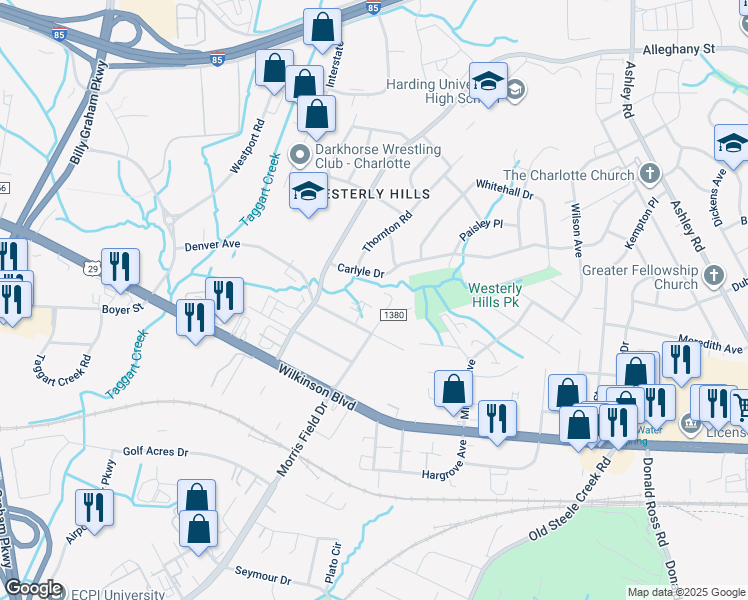 map of restaurants, bars, coffee shops, grocery stores, and more near 3628 Morris Field Drive in Charlotte