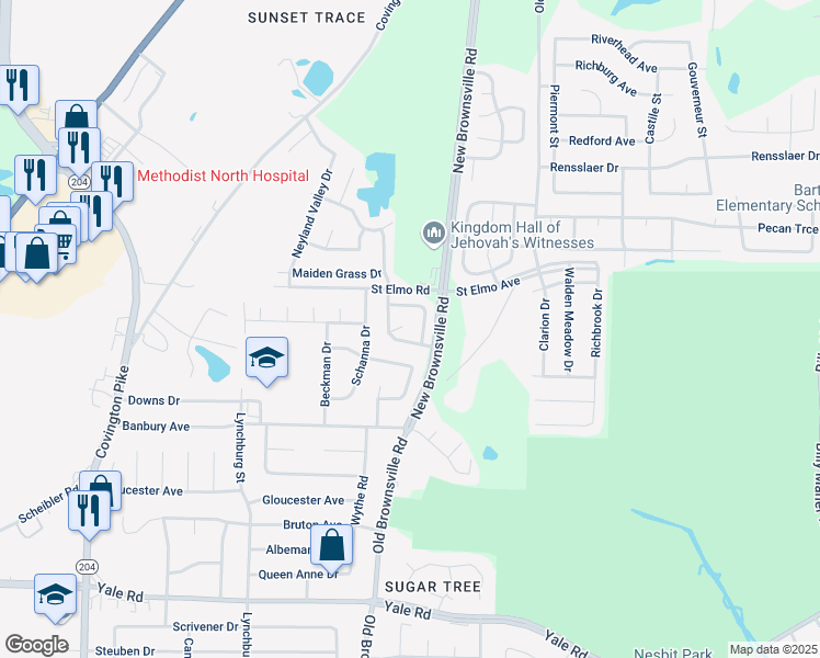map of restaurants, bars, coffee shops, grocery stores, and more near 5451 Sundale Way South in Bartlett