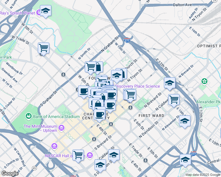 map of restaurants, bars, coffee shops, grocery stores, and more near 301 North Tryon Street in Charlotte