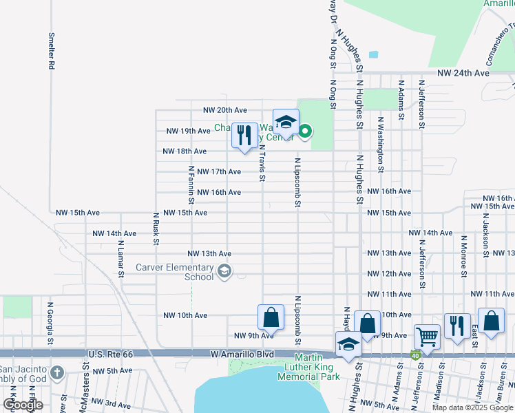 map of restaurants, bars, coffee shops, grocery stores, and more near 1445 Northwest 15th Avenue in Amarillo