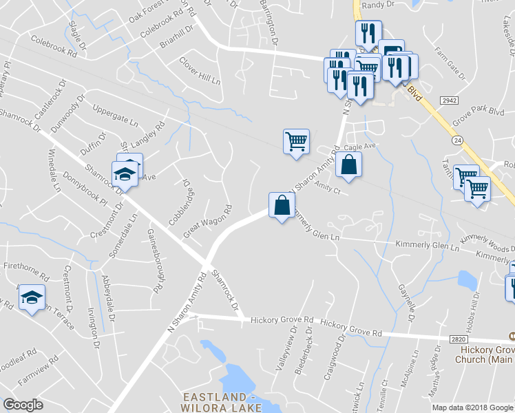 map of restaurants, bars, coffee shops, grocery stores, and more near 4716 Kimmerly Glen Lane in Charlotte