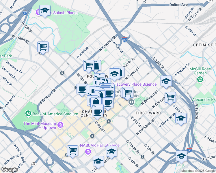 map of restaurants, bars, coffee shops, grocery stores, and more near 237 North Tryon Street in Charlotte