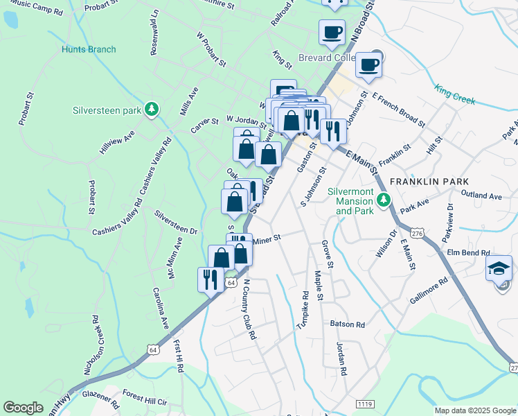 map of restaurants, bars, coffee shops, grocery stores, and more near 24 Varsity Street in Brevard
