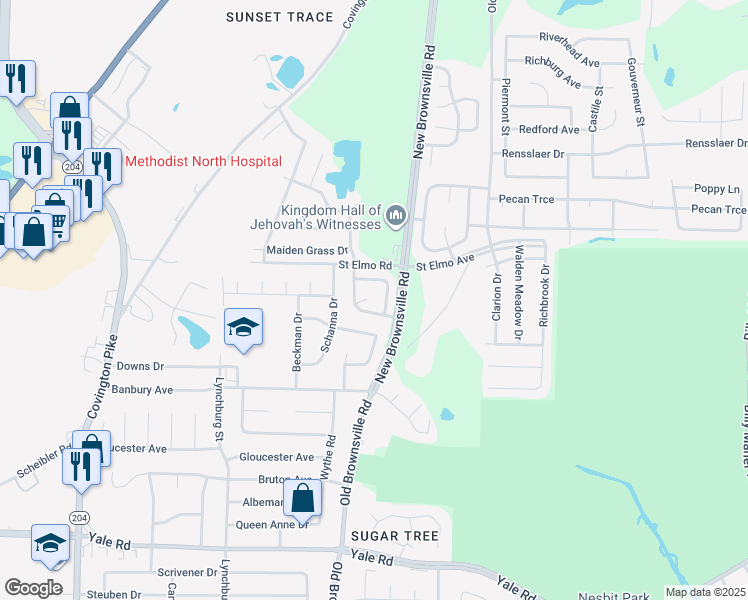 map of restaurants, bars, coffee shops, grocery stores, and more near 5451 Sundale Way South in Bartlett