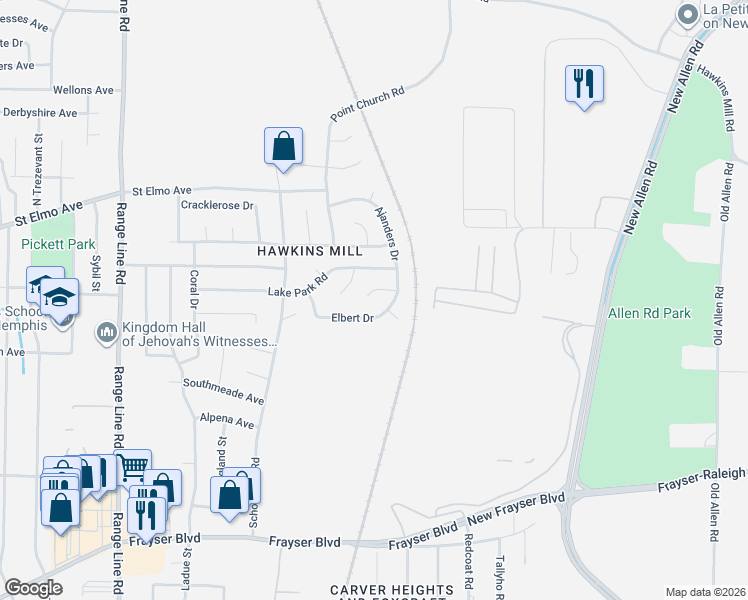 map of restaurants, bars, coffee shops, grocery stores, and more near 2989 Elbert Drive in Memphis