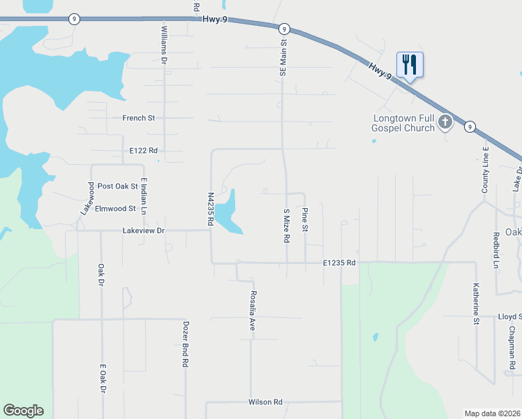 map of restaurants, bars, coffee shops, grocery stores, and more near South Mize Road in Stigler