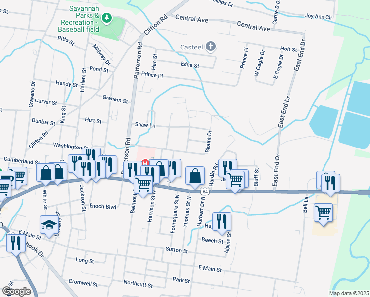 map of restaurants, bars, coffee shops, grocery stores, and more near 270 Davis Street in Savannah