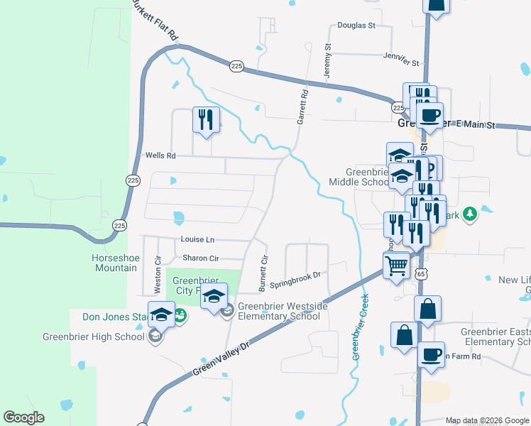 map of restaurants, bars, coffee shops, grocery stores, and more near 38 Garrett Road in Greenbrier