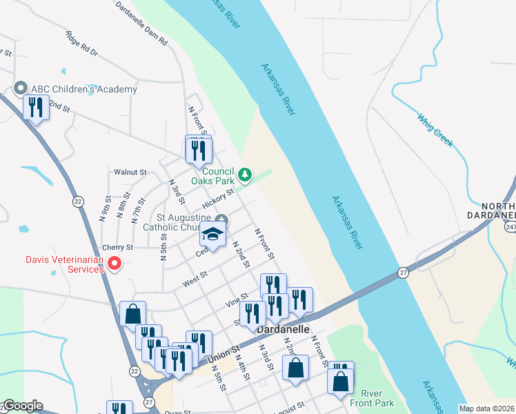 map of restaurants, bars, coffee shops, grocery stores, and more near 914 North Front Street in Dardanelle