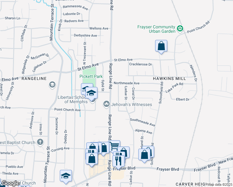 map of restaurants, bars, coffee shops, grocery stores, and more near 3807 Helmwood Street in Memphis
