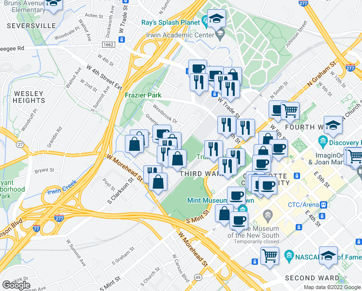 map of restaurants, bars, coffee shops, grocery stores, and more near S Cedar St & Greenleaf Ave in Charlotte