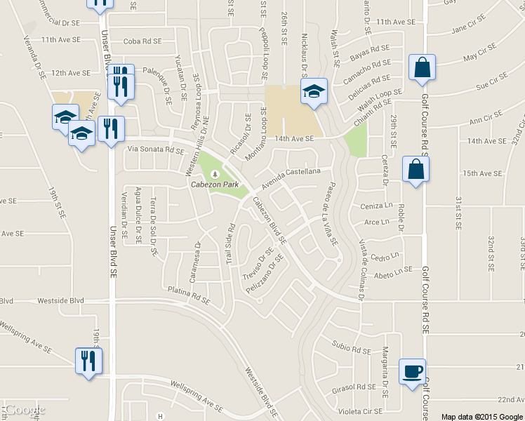 map of restaurants, bars, coffee shops, grocery stores, and more near Cabezon Boulevard Southeast in Rio Rancho