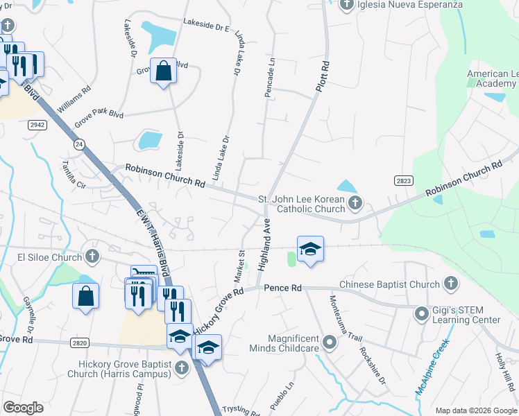 map of restaurants, bars, coffee shops, grocery stores, and more near 6409 Market Street in Charlotte