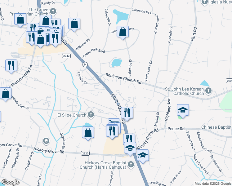 map of restaurants, bars, coffee shops, grocery stores, and more near 6212 Windsor Gate Lane in Charlotte