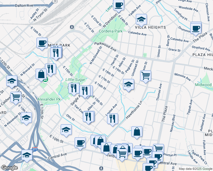 map of restaurants, bars, coffee shops, grocery stores, and more near 1237 Allen Street in Charlotte