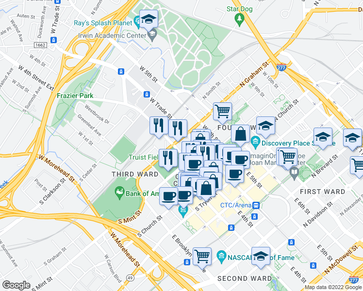 map of restaurants, bars, coffee shops, grocery stores, and more near 401 West Trade Street in Charlotte