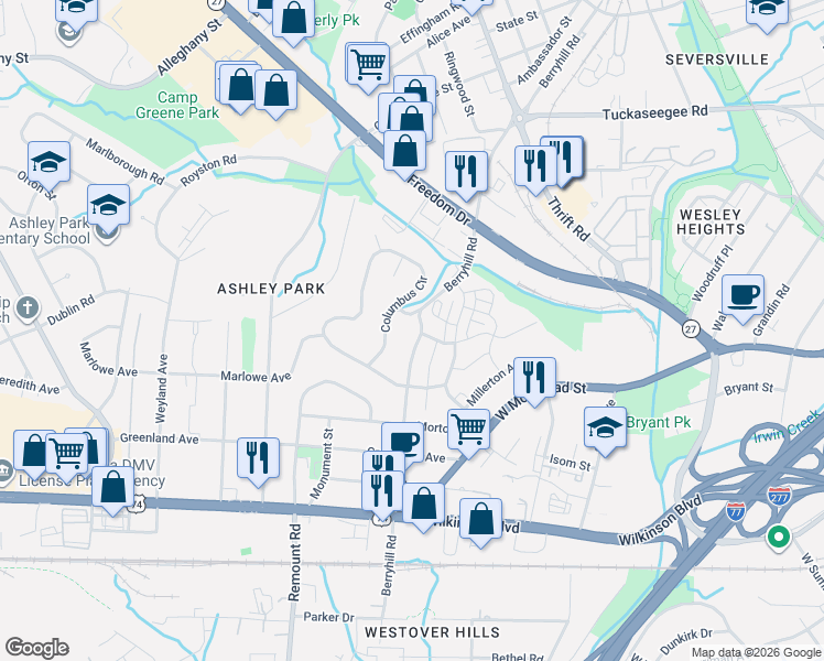 map of restaurants, bars, coffee shops, grocery stores, and more near 1813 Berryhill Road in Charlotte
