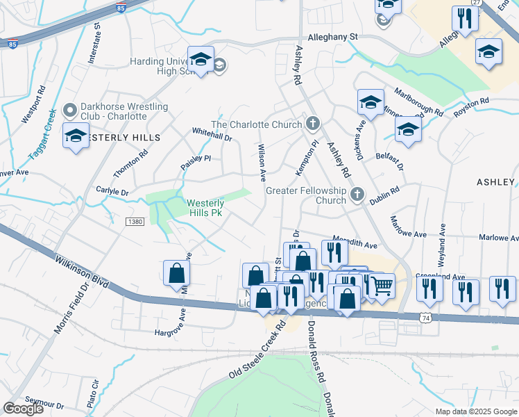 map of restaurants, bars, coffee shops, grocery stores, and more near 3528 Beaux Street in Charlotte