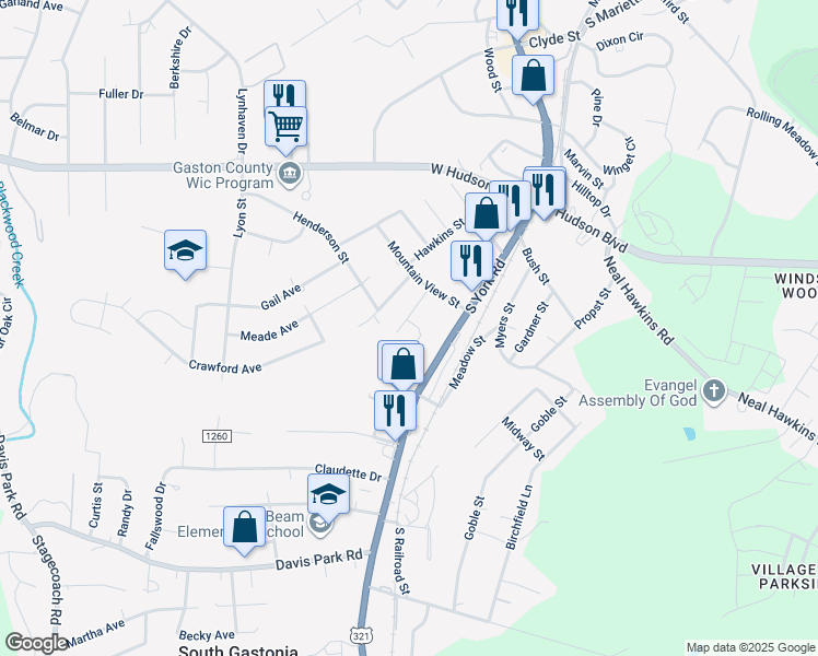 map of restaurants, bars, coffee shops, grocery stores, and more near 2675 South York Road in Gastonia