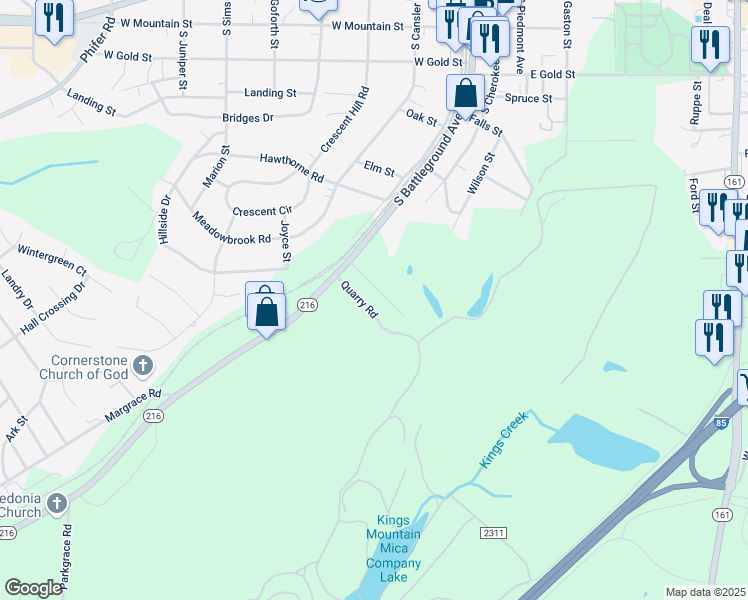 map of restaurants, bars, coffee shops, grocery stores, and more near 103 Wells Street in Kings Mountain