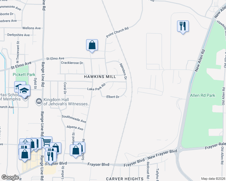 map of restaurants, bars, coffee shops, grocery stores, and more near 2948 Elbert Drive in Memphis