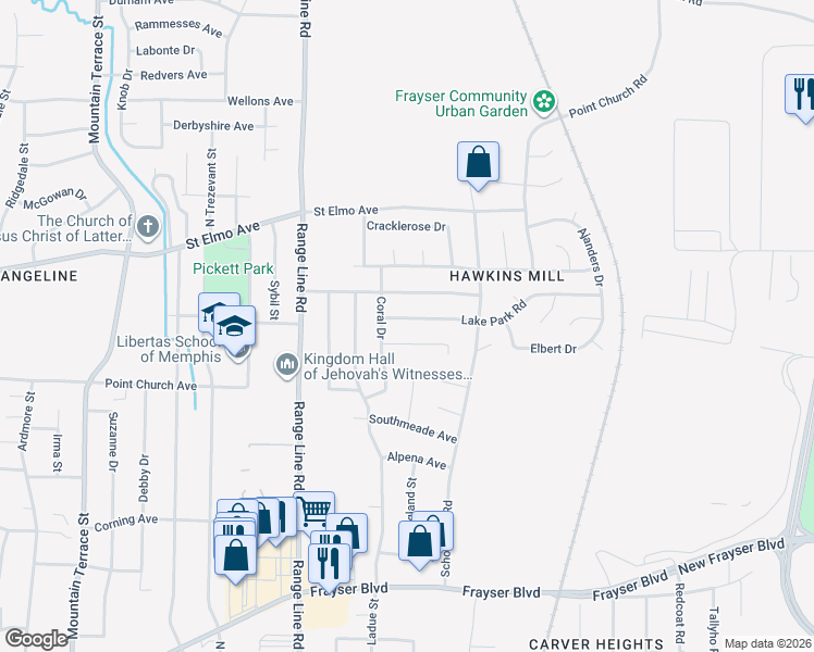 map of restaurants, bars, coffee shops, grocery stores, and more near 2759 Ridgeview Road in Memphis