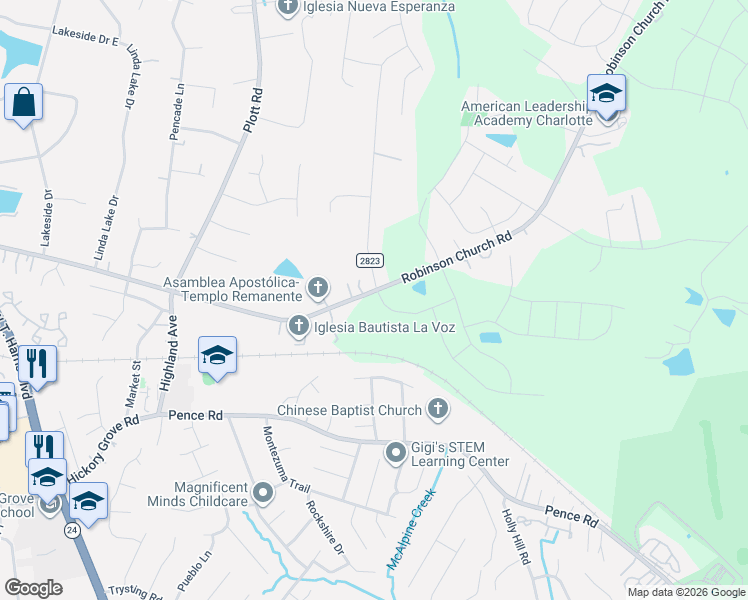 map of restaurants, bars, coffee shops, grocery stores, and more near 6521 Alanbrook Road in Charlotte