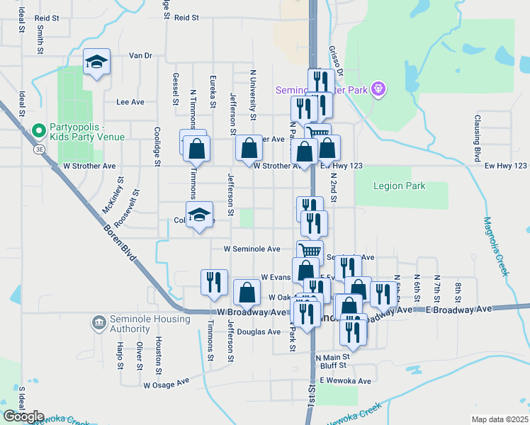 map of restaurants, bars, coffee shops, grocery stores, and more near 307 West Walnut Avenue in Seminole