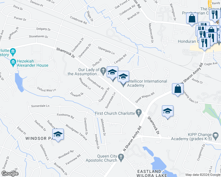 map of restaurants, bars, coffee shops, grocery stores, and more near 4942 Crestmont Drive in Charlotte