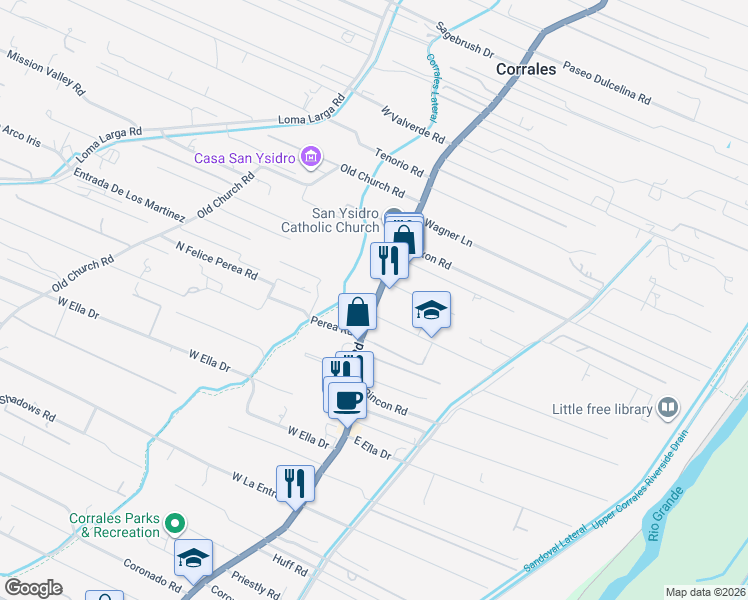 map of restaurants, bars, coffee shops, grocery stores, and more near 4829 Corrales Road in Corrales