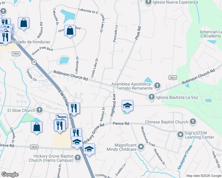 map of restaurants, bars, coffee shops, grocery stores, and more near 6409 Market Street in Charlotte