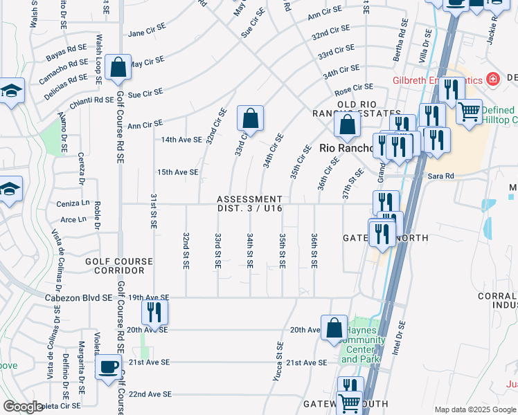 map of restaurants, bars, coffee shops, grocery stores, and more near 1613 35th Street Southeast in Rio Rancho