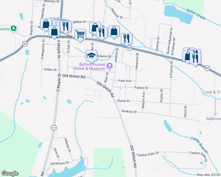 map of restaurants, bars, coffee shops, grocery stores, and more near 301 Walnut Street in Adamsville