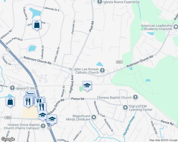 map of restaurants, bars, coffee shops, grocery stores, and more near 6931 Robinson Church Road in Charlotte
