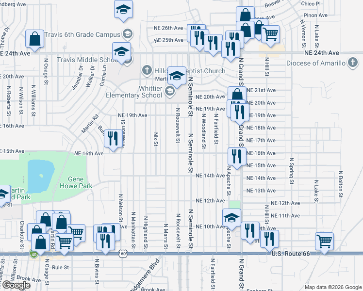 map of restaurants, bars, coffee shops, grocery stores, and more near 1616 North Roosevelt Street in Amarillo