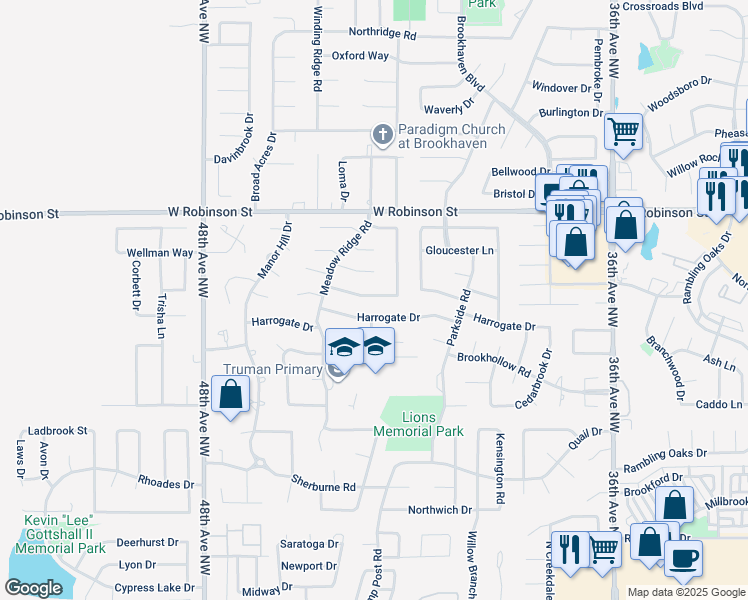 map of restaurants, bars, coffee shops, grocery stores, and more near 4300 Hunters Hill Road in Norman