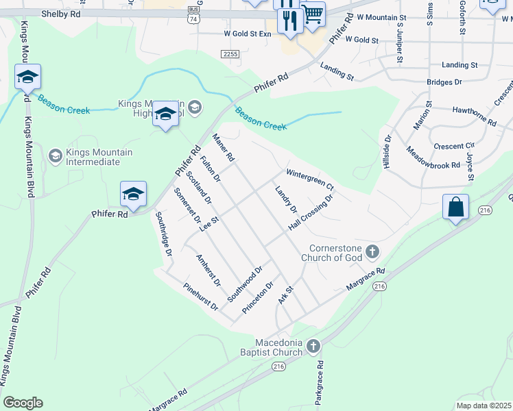 map of restaurants, bars, coffee shops, grocery stores, and more near 401 Maner Road in Kings Mountain