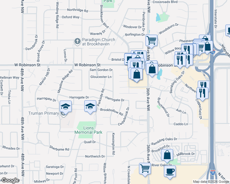 map of restaurants, bars, coffee shops, grocery stores, and more near 3833 Havenbrook Circle in Norman