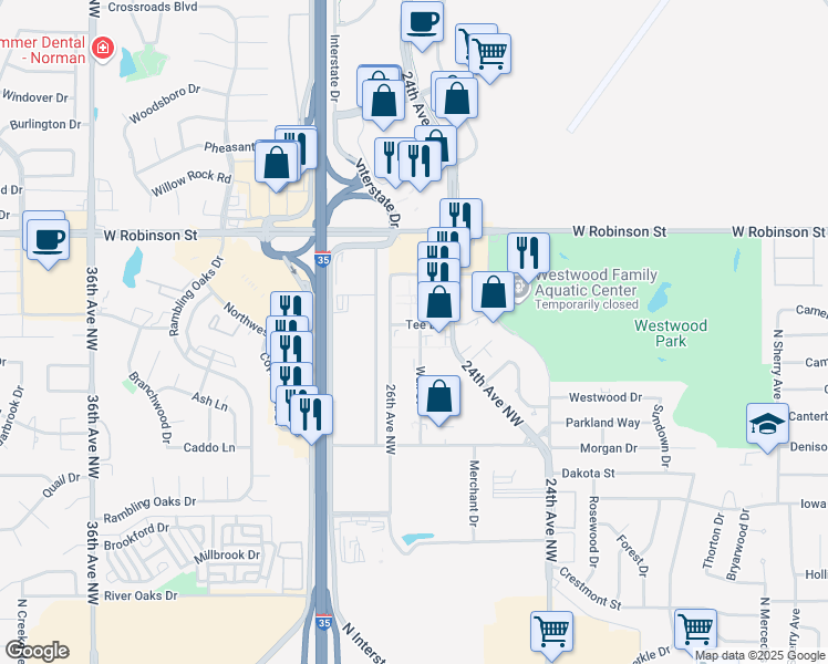 map of restaurants, bars, coffee shops, grocery stores, and more near 1010 24th Avenue Northwest in Norman