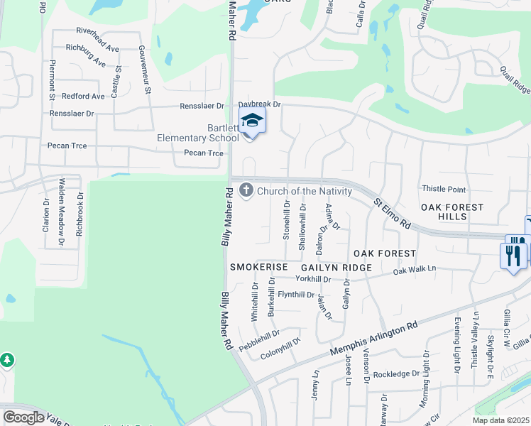 map of restaurants, bars, coffee shops, grocery stores, and more near 3841 Westridge Drive in Memphis